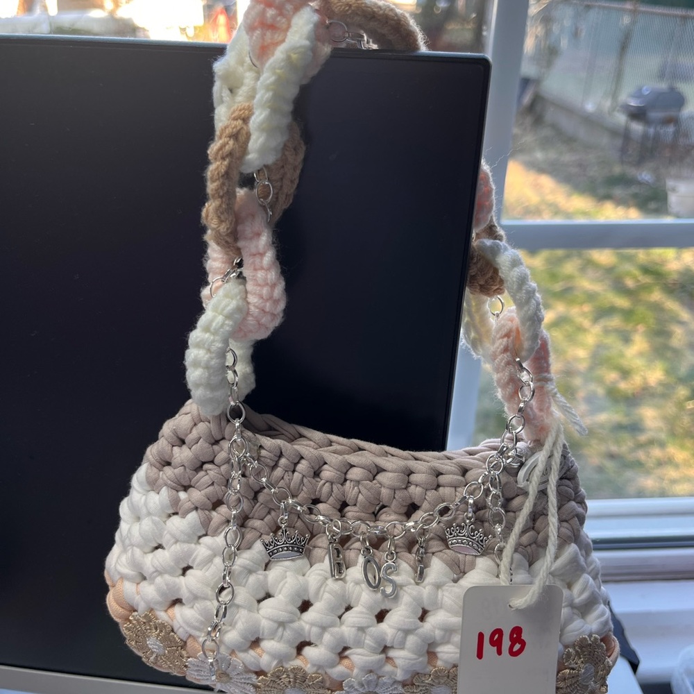 Cream and Tan Crochet Shoulder Bag with Textured Design